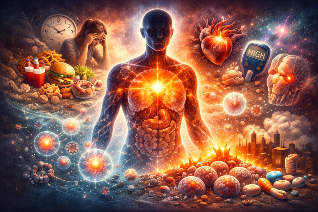 Illustration of a human body showing chronic inflammation at the cellular level, surrounded by lifestyle factors like stress, poor diet, and environmental toxins contributing to disease