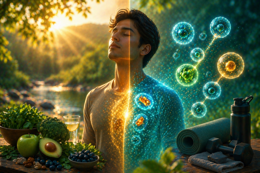healthy man outdoors in sunlight representing natural lifestyle habits that support cellular health, energy, and recovery