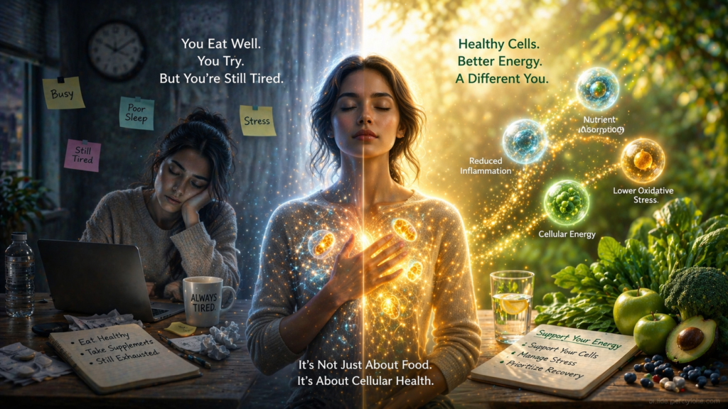 Split illustration of a tired person despite healthy habits contrasted with improved energy through cellular health and nutrient support